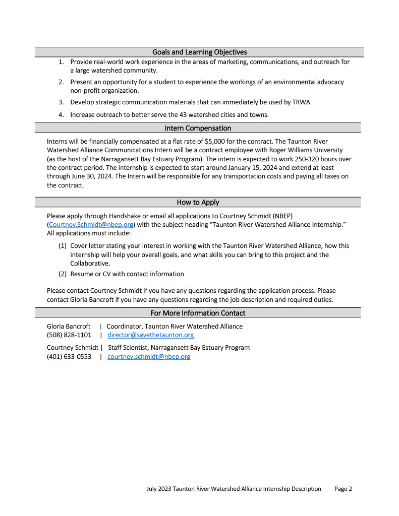 Communications Internship Opportunity 1/15/24-6/30/24 – Taunton River ...